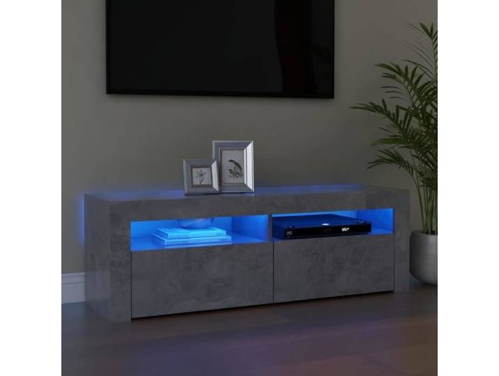 Meuble TV Bas sur Pieds scandinave - Table Basse Multifonction - avec lumières LED Gris béton 120x35x40 cm