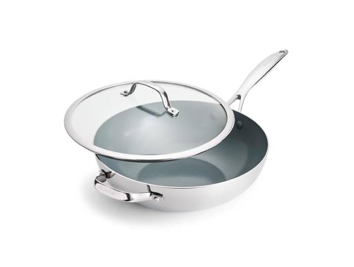 GreenPan Valencia Pro dreilagiger Wok aus Edelstahl, 30,5 cm, mit Deckel, gesunde Keramik-Antihaftbeschichtung, PFAS-frei, PFOA-freie Beschichtung, mehrfach verkleidetes Kochgeschirr, Induktion,