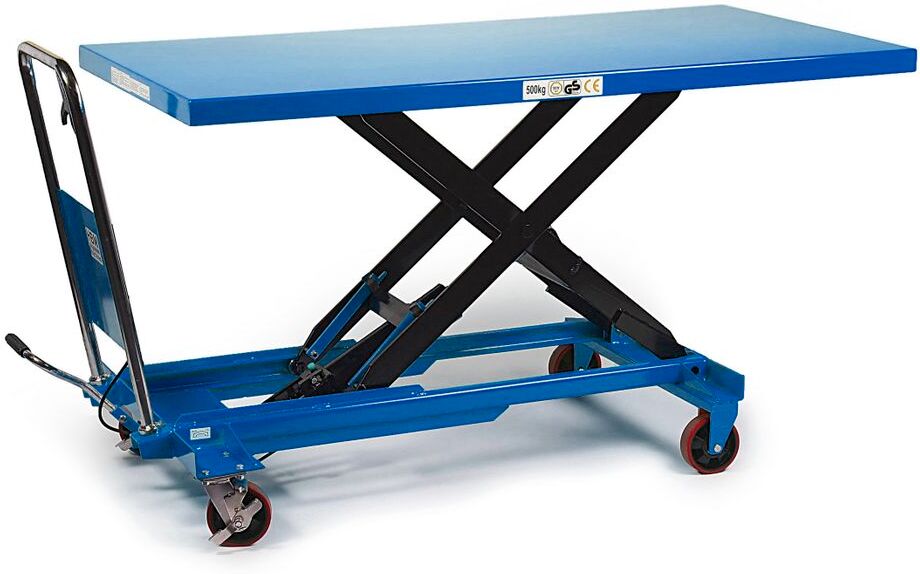 HBM fahrbarer Arbeitstisch / Hubtischwagen groß 500 kg, blau