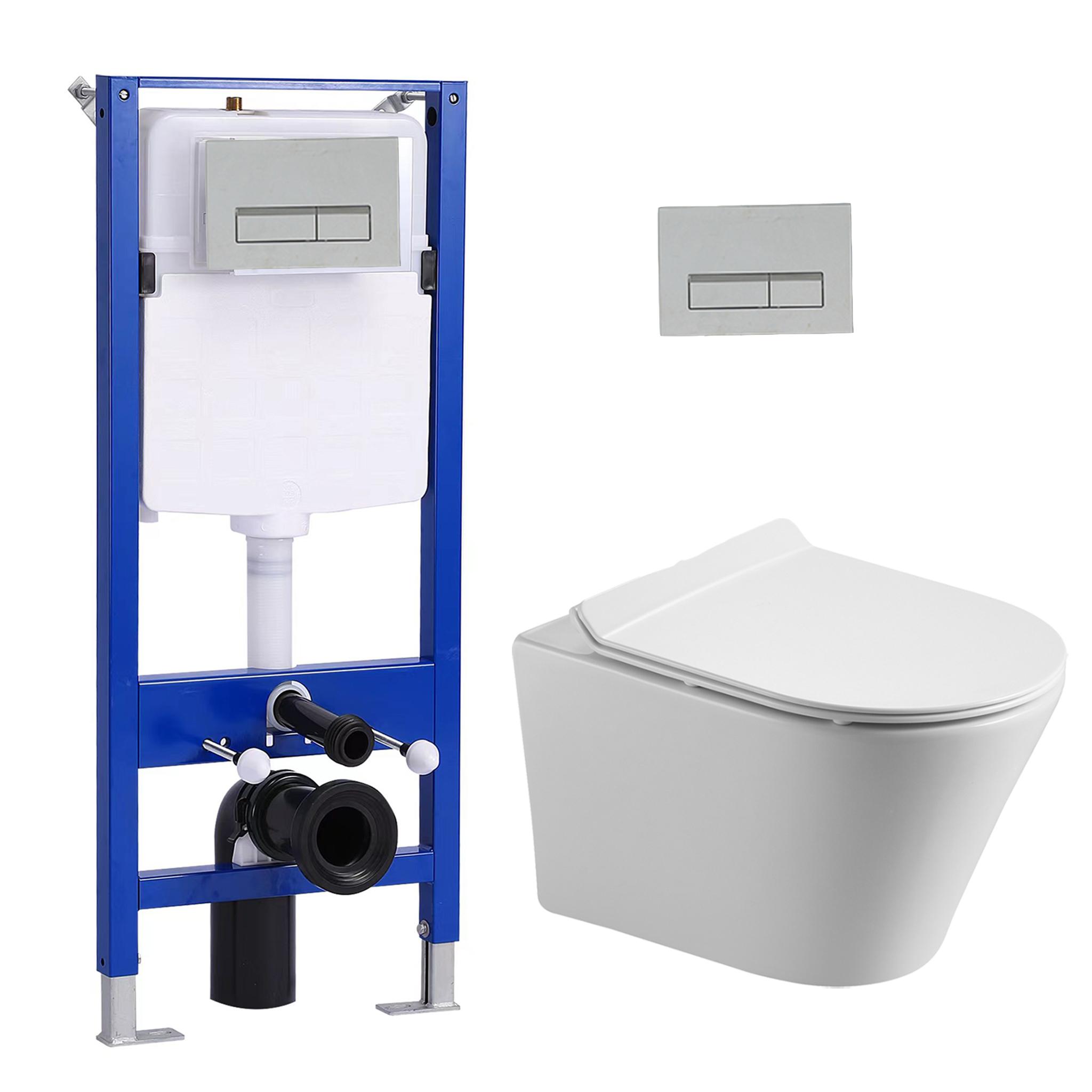 Pack WC Vorwandelement Set + Hänge Spülrandlos WC Toilette + 114 cm Unterputzspülkasten mit Rechteckig Chrome Drückplatte HOROW
