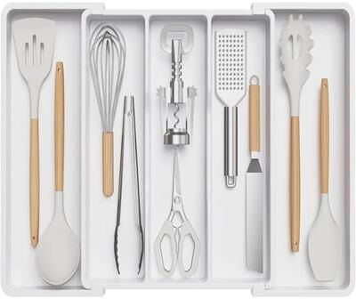 Uplift Essentials Expandable Kitchen Utensil Tray Adjustable Silverware Drawer Organizer For Spoons, Forks, And Knives white