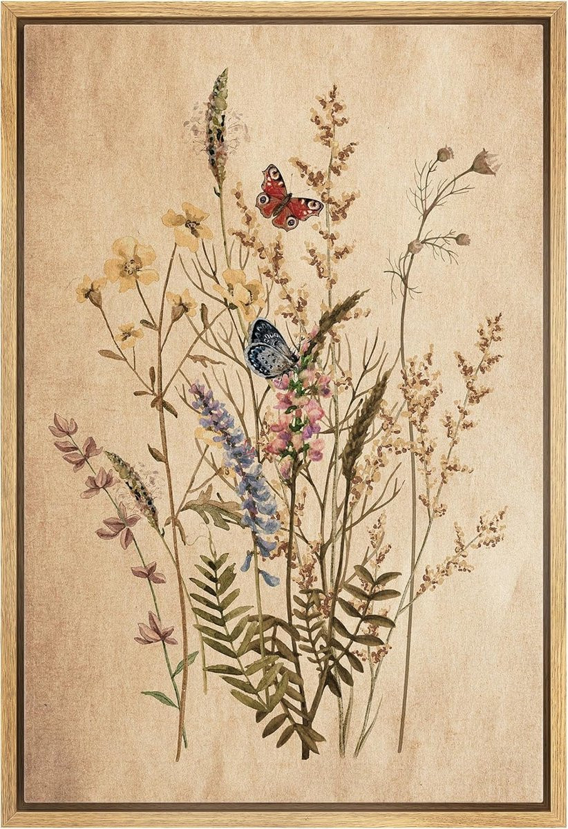 Ingelijst Canvas Schilderij met Vintage Wilde Bloemen Stilleven Illustratie