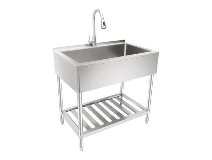 Edelstahl-Küchenspüle, kommerzielle Unterbauspüle mit Doppelhahn und Sieb, Einzelbecken, freistehend, tiefes Becken, Küchenspüle für Geschirrspülen/Lebensmittelzubereitung (90,9 x 55,4 x 87,1 cm)