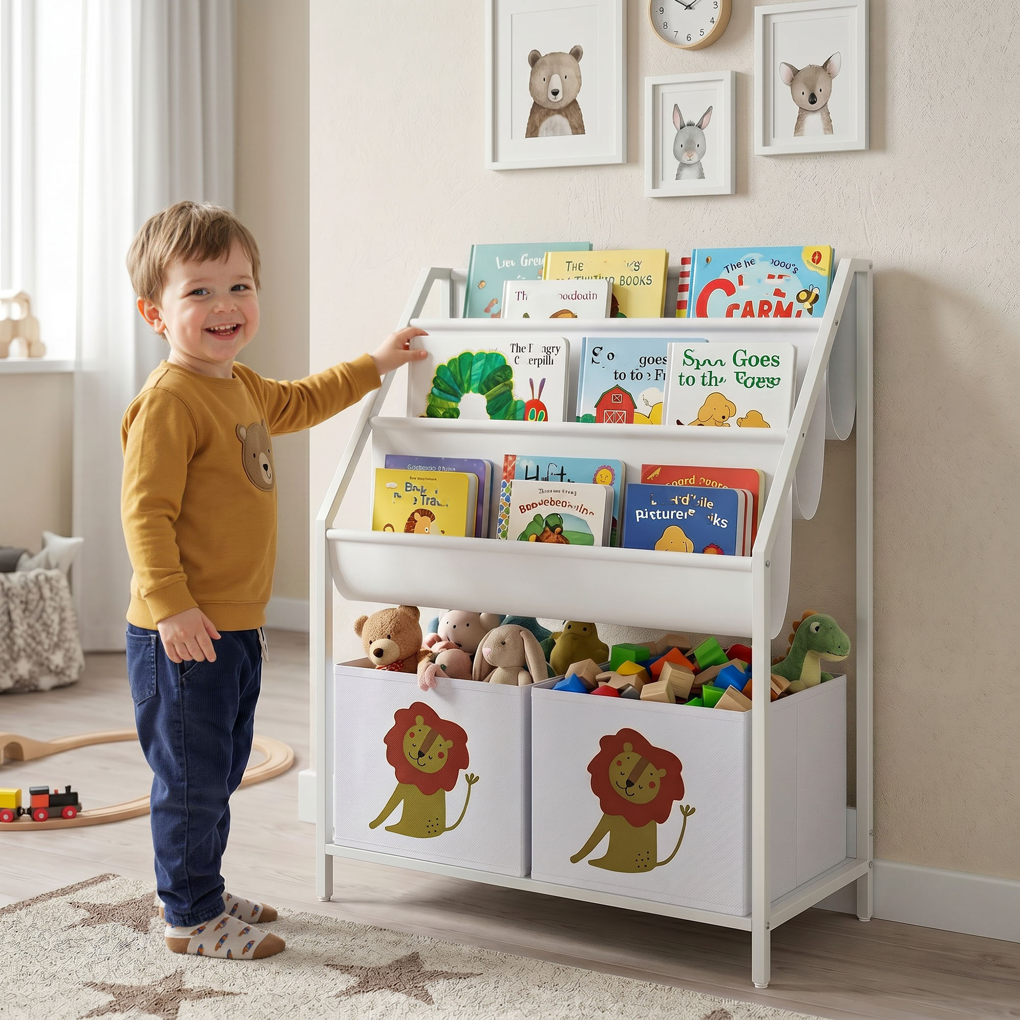 Aiyaplay Libreria Montessori 3-8 anni con 4 ripiani, 2 contenitori e stampa leone, bianco   Aosom Italy