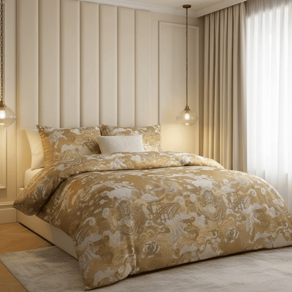 Valina Gold Jacquard Print Statement Duvet Cover Set, Double