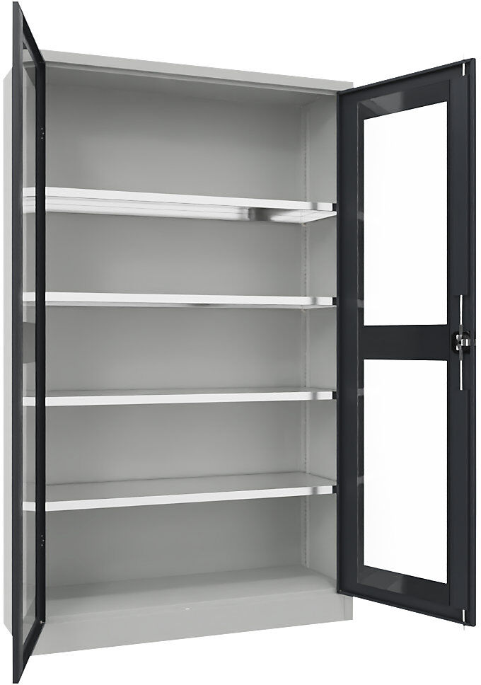 Flügeltürschrank mit Sichtfenster, 4 Fachböden, Höhe 1950 mm, HxBxT 1950 x 1200 x 400 mm, Tür anthrazitgrau Pavoy