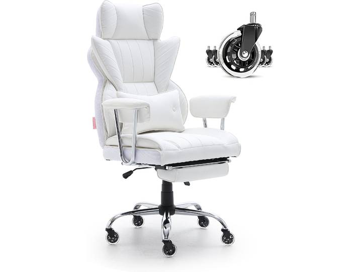 Chaise de bureau VEVOR Cuir synthétique Blanc Fauteuil de direction avec repose-pieds\, bureau Fauteuil pivotant Réglable en hauteur 0-80 mm\, capacité de charge 181\,43 kg\, fauteuil de direction Chaise de bureau 860 x 610 mm Dossier Fauteuil pivotant