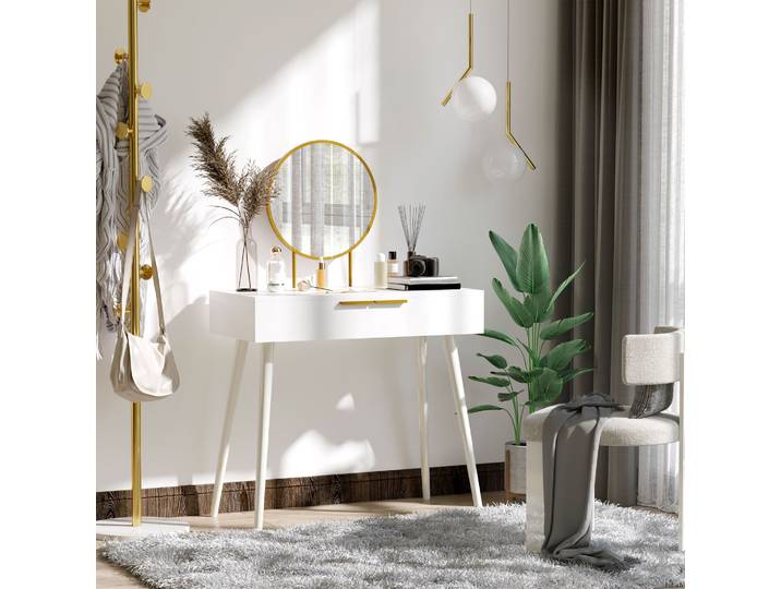 HOMCOM Coiffeuse Blanche avec Miroir Rond et 2 Tiroirs