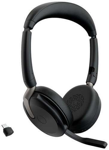 Jabra Evolve2 65 Flex Link380c MS On Ear Headset Bluetooth Stereo Schwarz Noise Cancelling Headset, Mikrofon-Stummschaltung, Lautstärkeregelung,