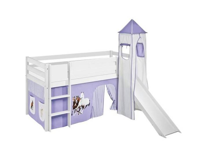 Lit surélevé ludique JELLE Chevaux lilas beige - avec rideaux tour et toboggan - LILOKIDS - blanc laqué