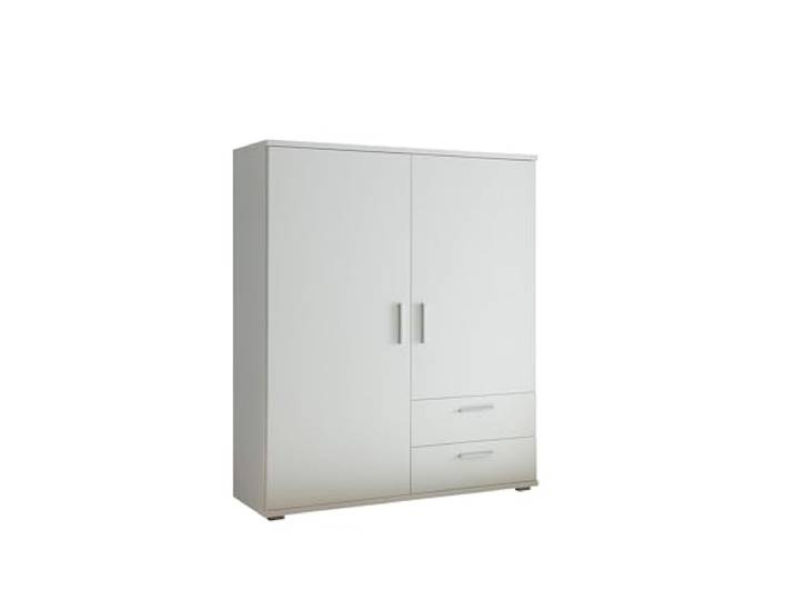 möbelando Preisbrecher Adeline Kleiderschrank Weiß 120x140x38 cm – Moderner Stauraum mit Teleskop-Kleiderstange, Melamin-Oberfläche & Schubladen – Ideal für Flur, Schlafzimmer & Ankleidezimmer