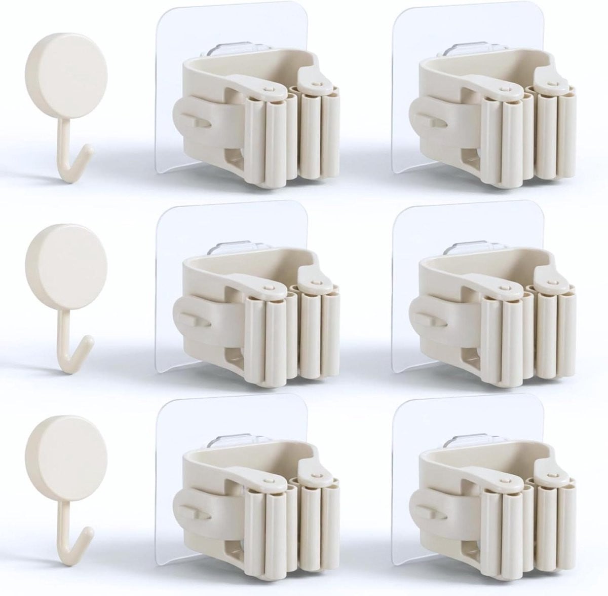 Set van 6 zilverkleurige bezem- en dweilhangers voor ruimtebesparende organisatie zonder boren