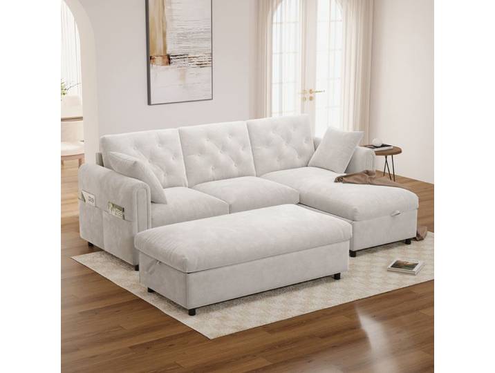 Canapé Modulable - SOGEU - Canapé Composable - Velours beige - Lit convertible - Grand coffre