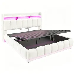 MODFU Polsterbett aus Stoff in Weiß, 180x200 cm, mit LED-Lichtleiste, USB und Stauraum