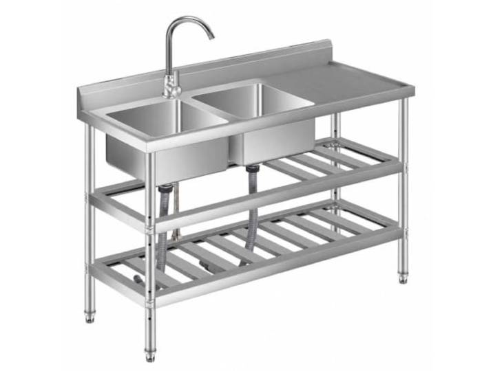 Freistehender Edelstahl-Spültisch mit Armatur, 1 Becken – Utility-Spüle für Gastro/Werkstatt/Waschküche/Outdoorküche – inkl. Kalt-/Warmwasserschläuche, mit Aufkantung – Farbe: Silber