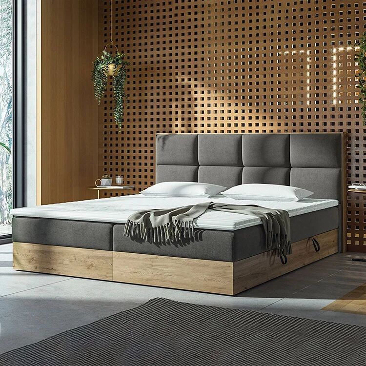 garneroarredamenti Letto 160x200cm matrimoniale continentale con contenitore e topper rovere grigio Tallin