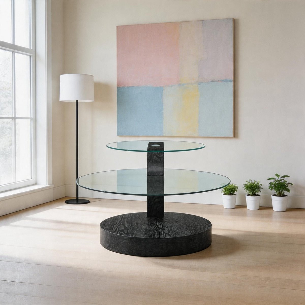 KOMHTOM Moderne minimalistische salontafel met dubbel gelaagd veiligheidsglas en zwart MDF-onderstel