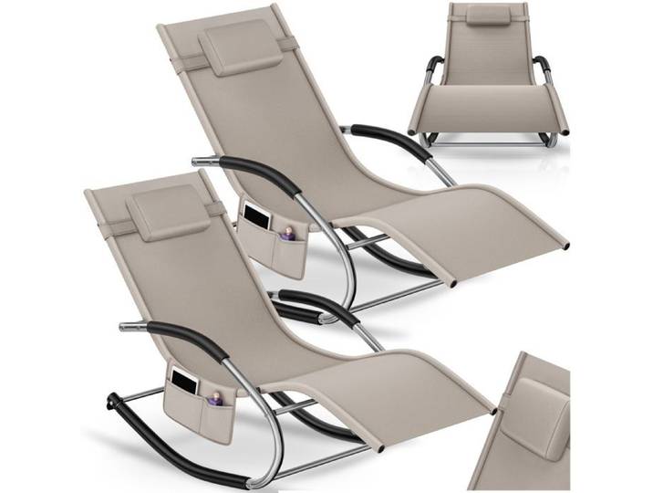Chaise longue - TECTAKE - transat TAYA Lot de 2 résistantes aux intempéries avec coussins avec poche latérale - Beige