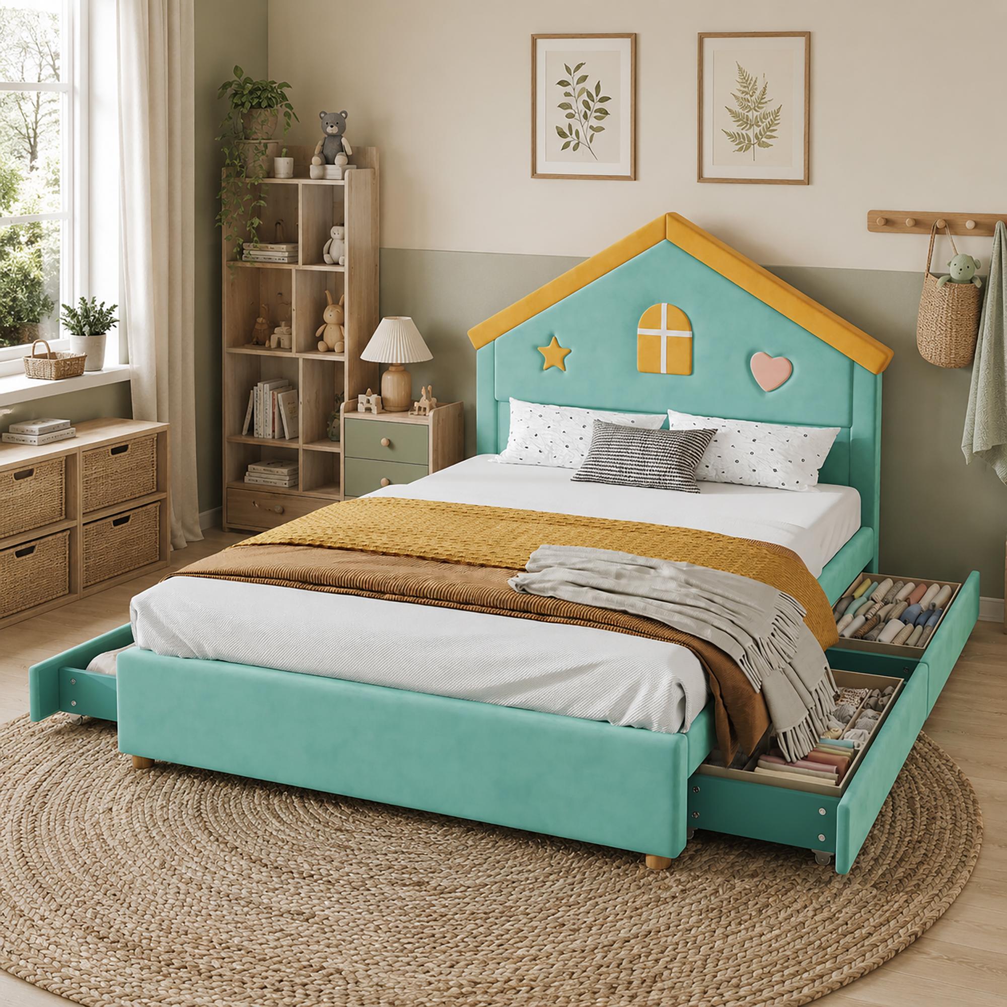 okwish Kinder-Hausbett 140×200 mit 4 Schubladen, Einzelbett mit gepolstertem Haus-Kopfteil, Polsterbett in Blaugrün,ohne Matratze