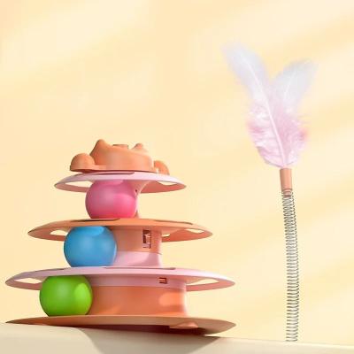 Uplift Essentials 4 Layer Interactive Feather Cat Turntable With Fun Toy Ball & Playing Stick pink