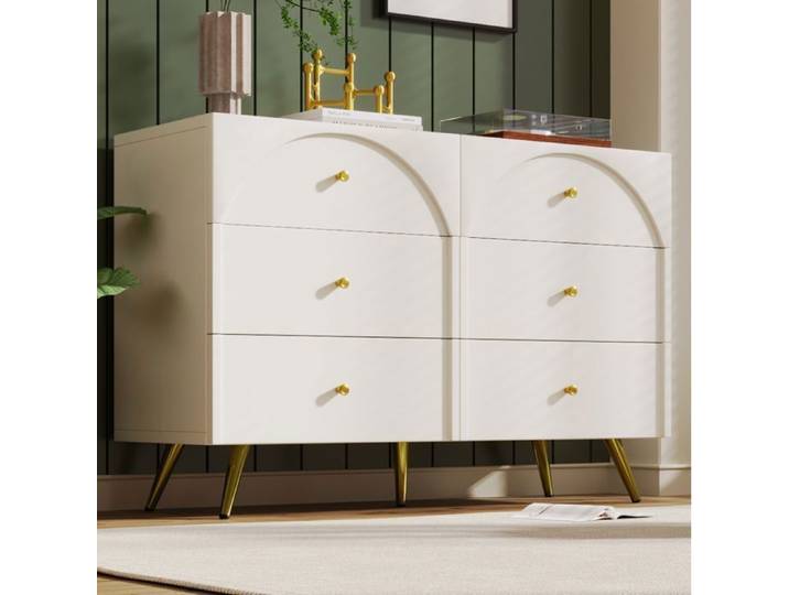 MEULVA Commode à 6 tiroirs 120 x 40 x 85 cm blanche crème avec pieds en métal façades cintrées