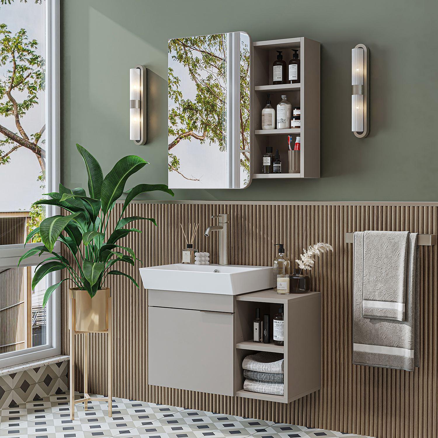 Skye Decor, Moderne Badezimmermöbel Set (2 Teile) mit Waschbecken & Spiegel, Sandstein