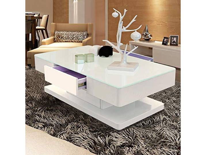 TUKAILAi Couchtisch für Wohnzimmer, modern, rechteckig, Couchtisch mit Platte aus Hartglas von 8 mm, 2 Schubladen, zur Aufbewahrung von Wohnzimmer, Empfang, 100 x 60 x 35 cm (weiß)
