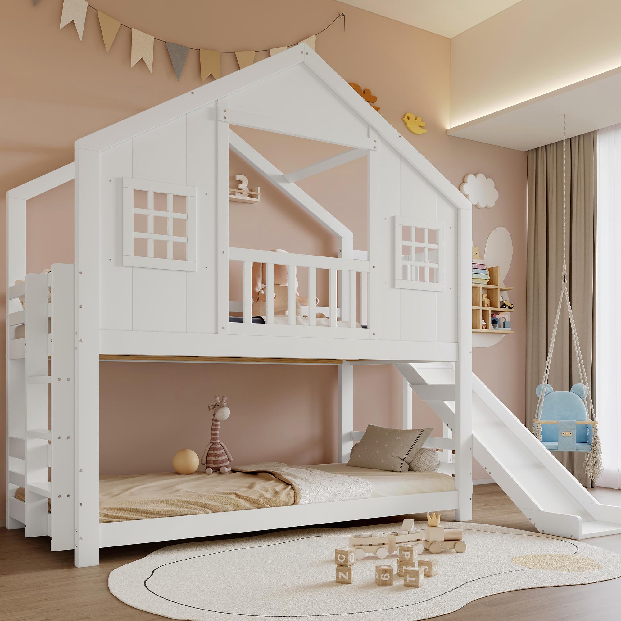 okwish Etagenbett 90x200 Kinderbett mit Kinderrutsche,Doppelbett mit Fenster- und Dachdesign vierseitiges Geländer Kinderzimmer,Weiß(ohne Matratze)
