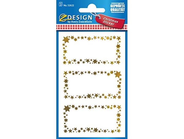 AVERY Zweckform Art. 52622 Kerststickers met 6 kerststickers (kerststickers met gouden opdruk, zelfklevende kerstdecoratie voor opschrift, geschenken, DIY) 2 vellen met elk 3 stickers