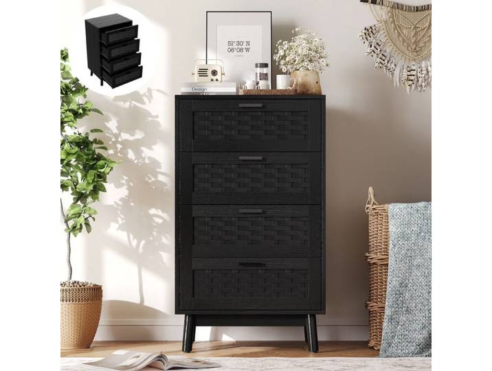 Commode chambre 4 Tiroirs avec rangements - Tressage Rotin Simulé - Commode Bureau/Salon -Style Scandinave - 55x39.8x95cm -Noir