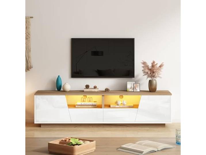 FammyLoft 180cm Hochglanz TV Lowboard mit 2 Schränken und 2 Schubladen, TV Schrank für Fernseher um 75 Zoll, Fernseher Schrank mit LED-Licht für Wohnzimmer, TV-Board, TV-Ständer, Weiß + Holzfarbspleiß
