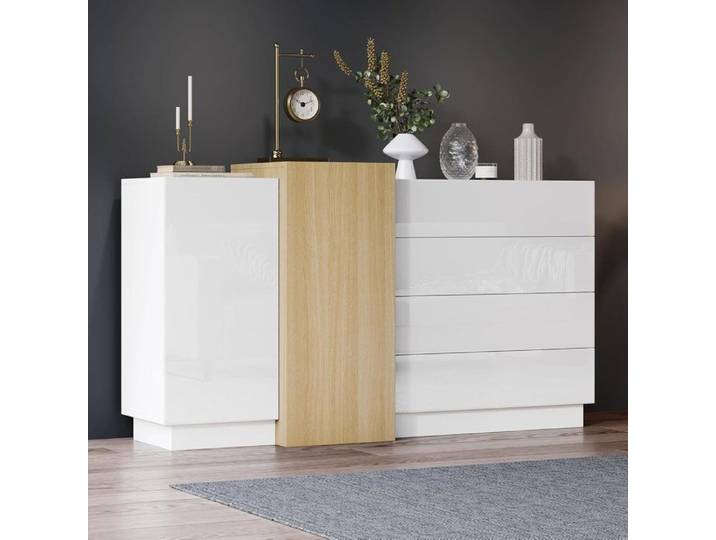 Buffet - Commode Blanche Brillante - Buffet Moderne 2 Portes 4 tiroirs - Armoire Multifonction - portes sans poignées - 140cm