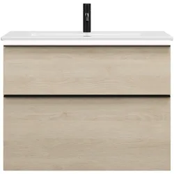 burgbad Eqio Slim Keramik-Waschtisch inklusive Waschtischunterschrank mit LED-Beleuchtung, 820x490x640mm, SHBU082F3180C0001G0252, Farbe: Eiche Dekor Cashmere / Eiche Dekor Cashmere, Griffleiste