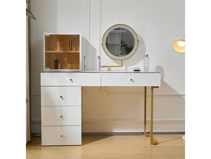 RAPRAP Schminktisch mit LED-Spiegel Glasplatte Schrank Weiß Gold Luxus Weiß Schminktisch mit Beleuchtung, Dressing Table mit transparenter gehärteter Glasplatte, 3 Lichtfarben, 120x45x115 cm