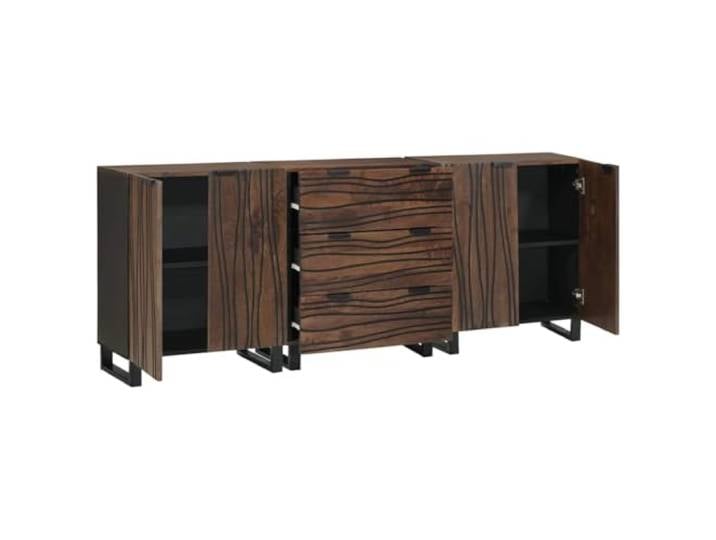 HGPOTUY Sideboard Set Massivholz Mango Braun 3er Mit Türen und Schubladen, CNC-Wellenmuster, für Esszimmer, moderne Optik