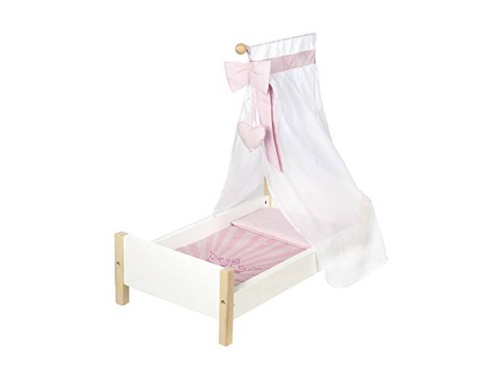 roba Puppenbett aus Puppenmöbel Serie „Scarlett“, Puppenzubehör weiß lackiert, inkl. textiler Ausstattung, Bettwäsche und Himmel rosa