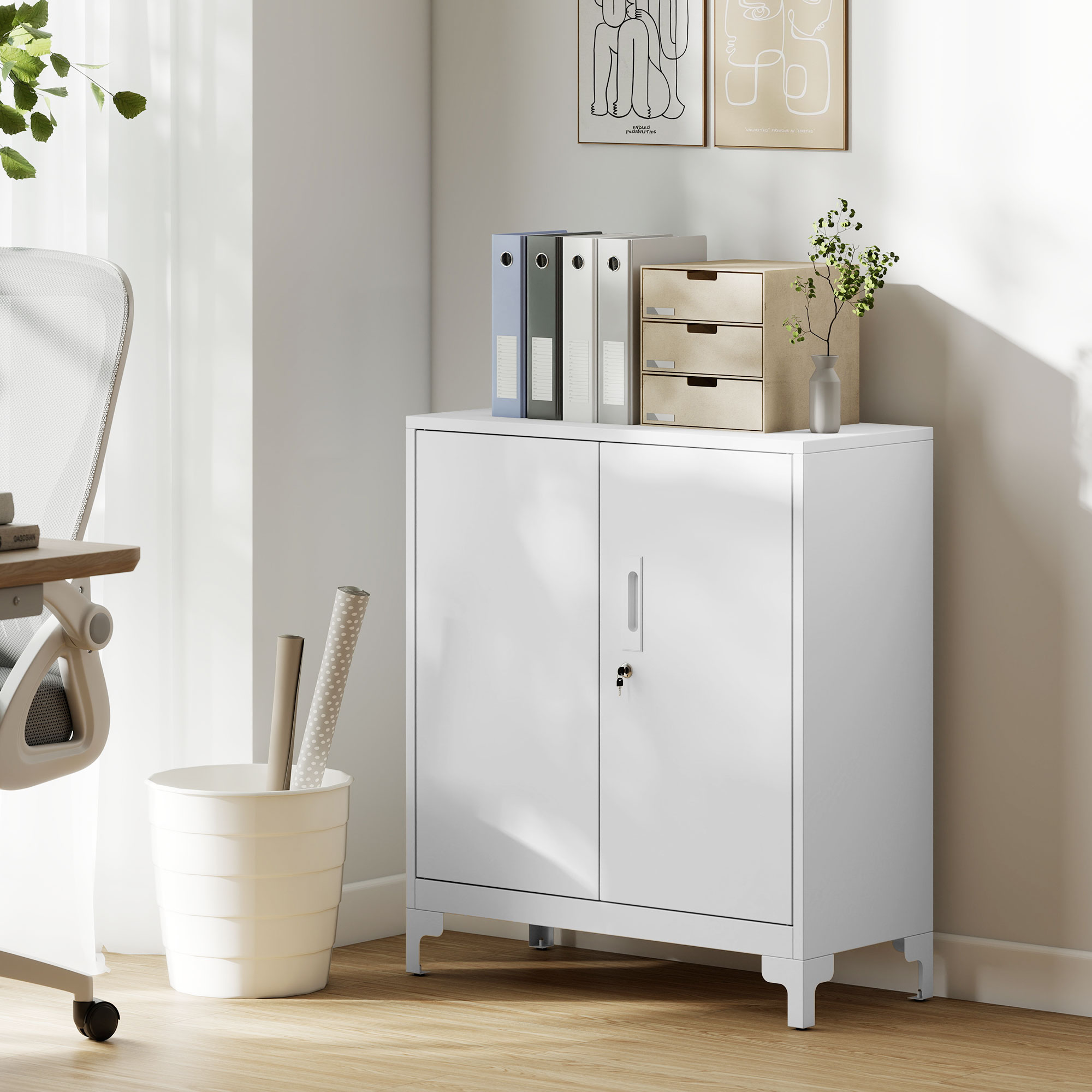Homcom Armadio da ufficio in metallo, porte chiudibili, cassettiera da ufficio, design a 2 livelli, Bianco   Aosom Italy