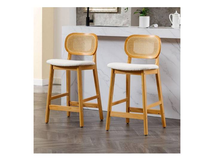 LuxusKollektion Barhocker Barhocker Barstuhl 2er Set Holz Teddystoff Rattan Rücklehne Beige