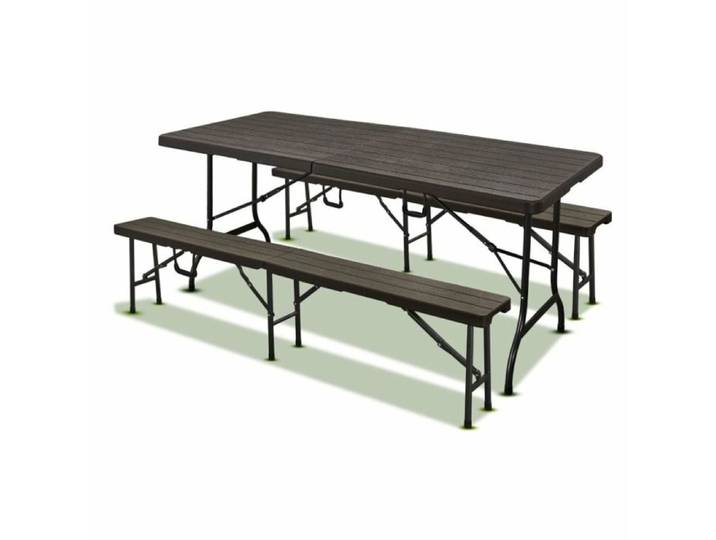 Lot table pliante 8 personnes effet bois + 2 bancs 4 personnes pliables - Ensemble repas extérieur XXL multicolore