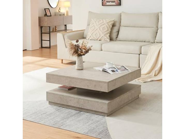 [en.casa] Couchtisch Florenz Wohnzimmertisch quadratisch 76 x 76 x 38 cm Sofatisch mit Stauraum Kaffeetisch drehbare Tischplatte Betonoptik, hell
