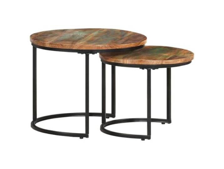Roanoer Beistelltisch 2er Set Altholz Massiv Couchtisch Rund Metallgestell Platzsparende Nisttische aus buntem Altholz Massiv und Eisen für Wohnzimmer, Flur und Büro. Jedes Stück ist ein Unikat.