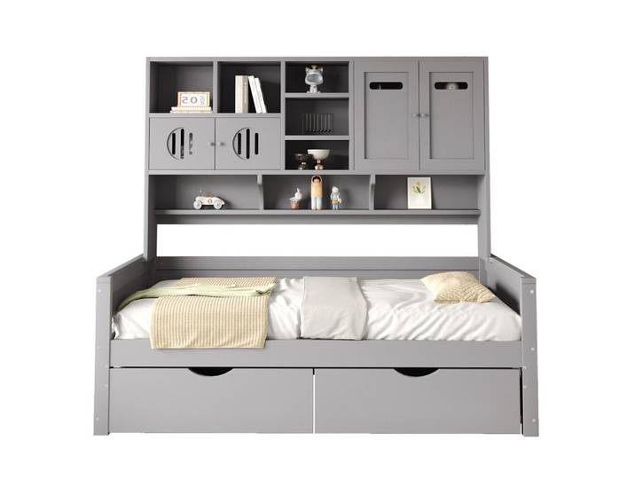 Modfu Multifunktionsbett aus Kiefernholz 90x200 cm Grau mit Stauraum, 2 Schubladen und Aufsatzregal, Holz, 90x200 cm, Schlafzimmer, Betten