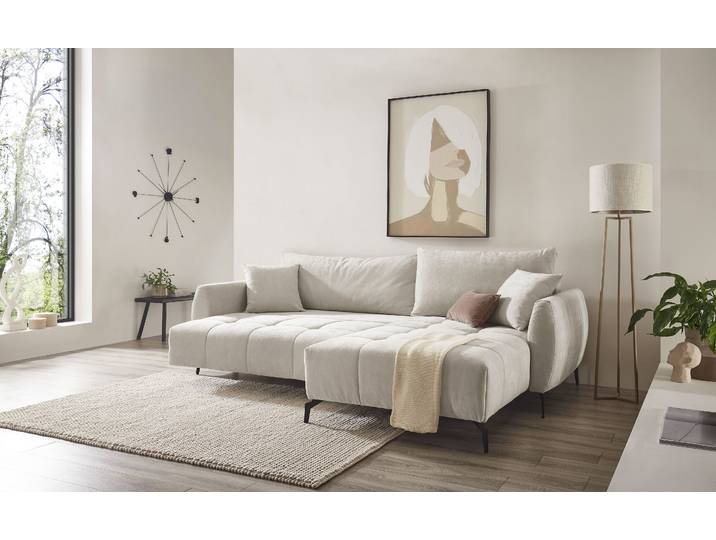 Ecksofa GOODPRODUCT JINNIE Chenille, L-Form, Polsterecke m. Schlaffunktion , beige (hellbeige), B:287cm H:94cm T:197cm, Sofas, Ecksofa, Recamiere links/rechts montierbar, als Webstoff oder Chenille-Stoff