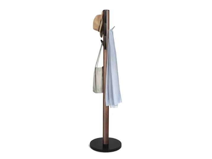 Umbra Flapper Garderobenständer, 9 umklappbare Haken, Schwarz/Walnuss Gummibaumholz, platzsparendes Design, 4 cm Fußdurchmesser, 169 cm hoch, einfacher Aufbau, nachhaltiges Holz
