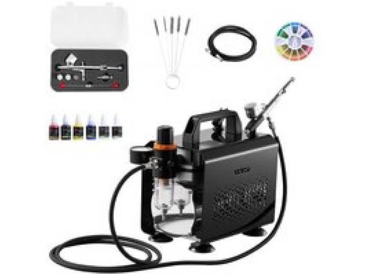 VEVOR Kit Aérographe avec Compresseur d’Air 1/6 HP, Compresseur Aérographe avec 1 Pistolet à Double Action, 3 Buses, Tuyau, Peinture Acrylique et Pinceau, pour Décoration Pâtisserie Onglerie