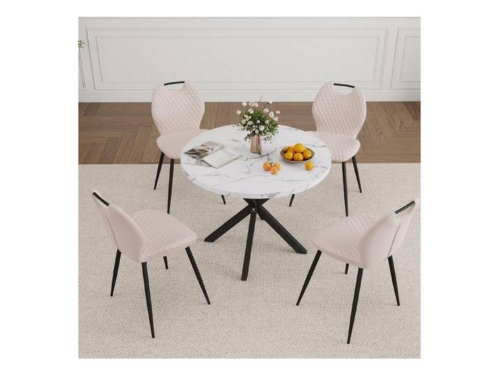 LuxusKollektion Essgruppe Esstisch Stuhlset 5Teilig 100cm Rund 4Stühle Marmor + Beige