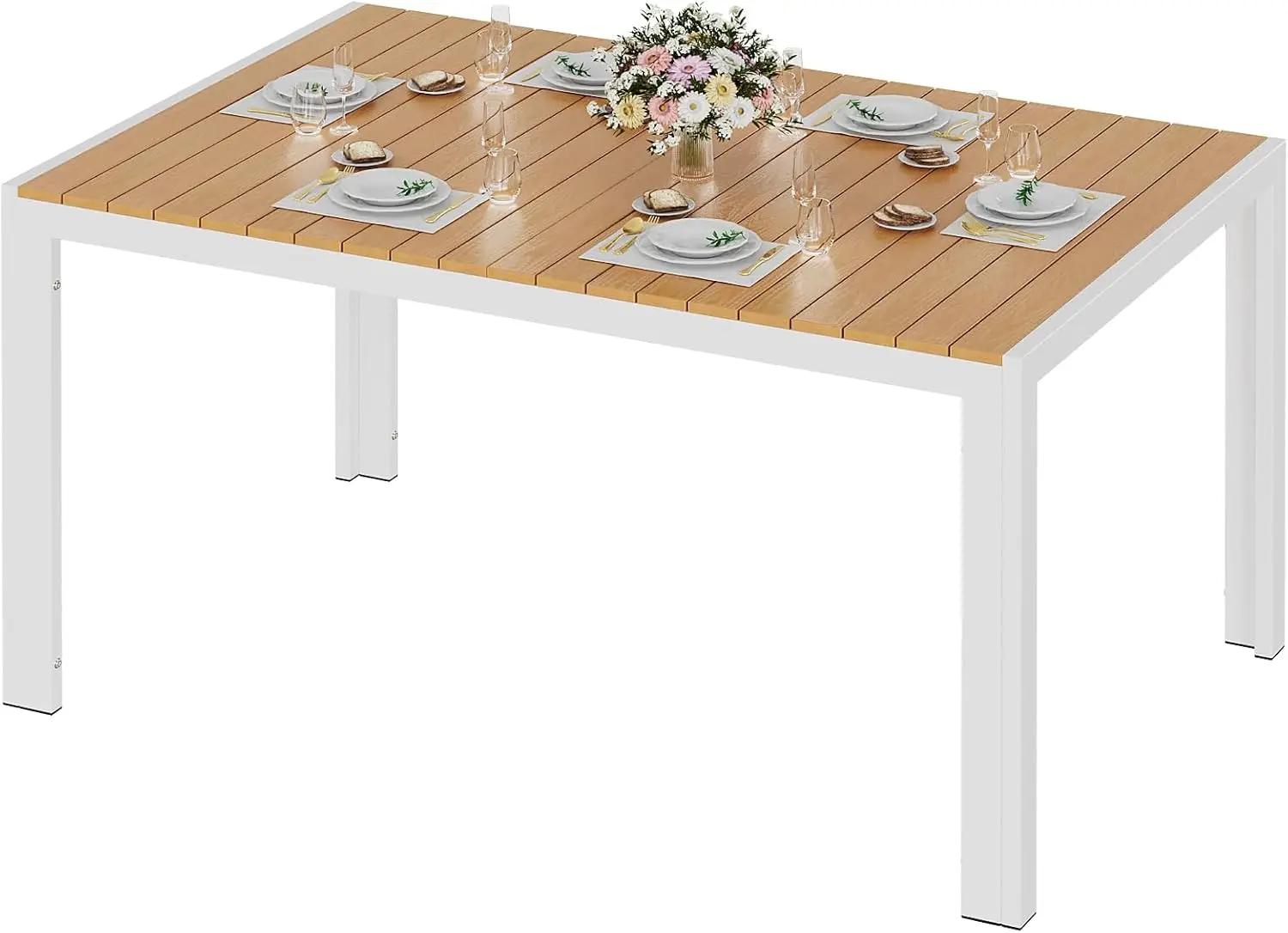 Aluminium-Gartentisch - Rechteckiger Outdoor-Esstisch - 140 x 90 x 75 cm - WPC-Tischplatte - Platz für 8 Personen - Wetterfest - Weiße Beine, teakfarbene Tischplatte