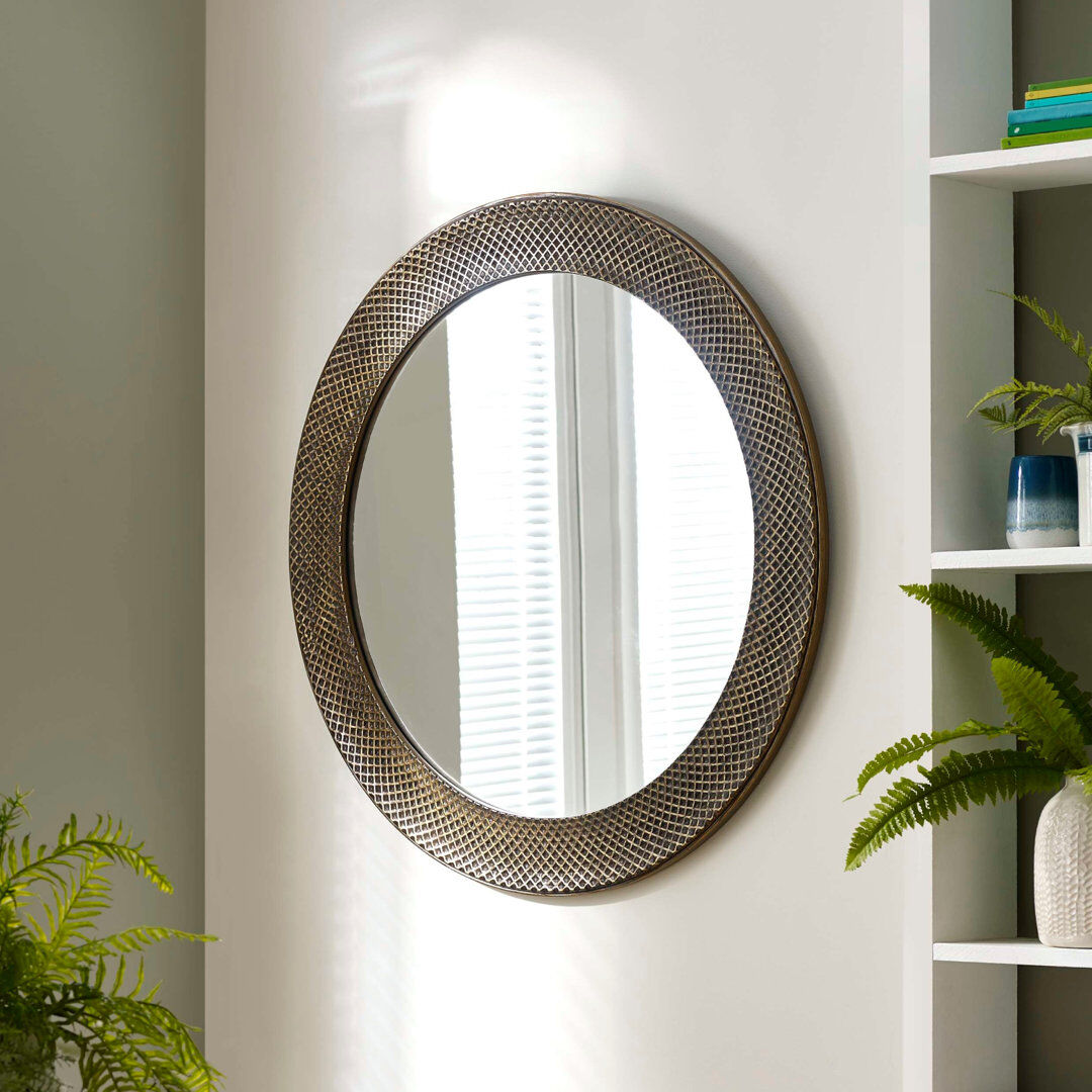World Menagerie Solid Wood Round Wall Mirror Brass 90cm H X 90cm W X 2.3cm D