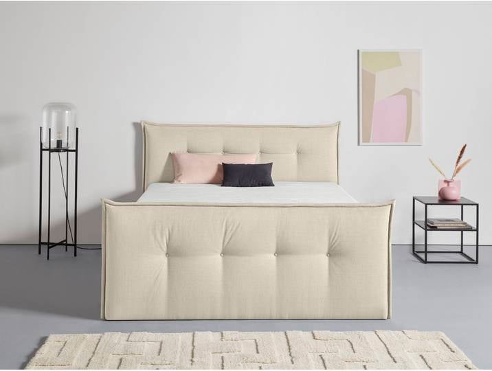 Boxspringbett, Struktur, Beige, 195×226 cm, Bettkasten & Topper, Skandinavisch, andas
