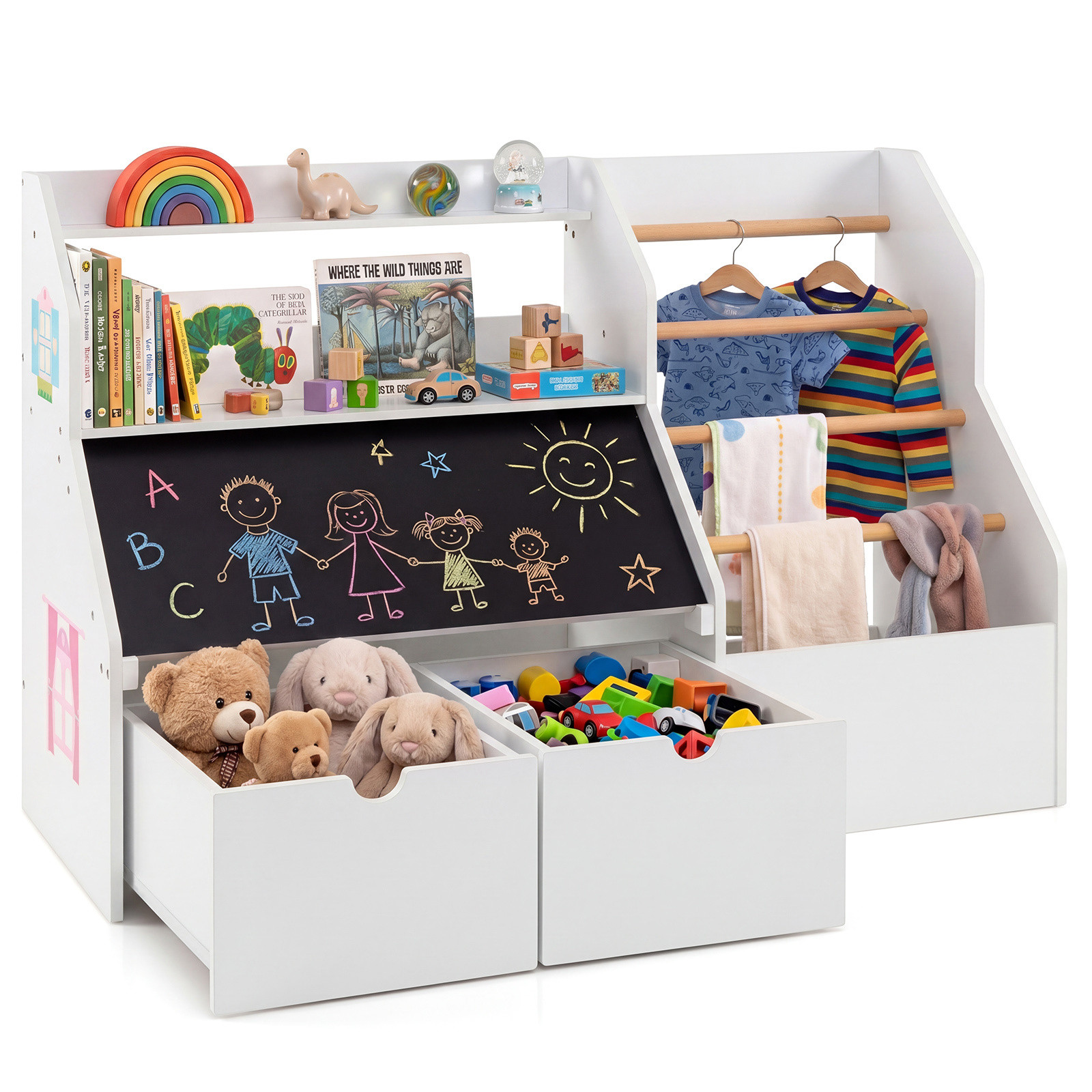 Costway 2-in-1 Kinderkast en Boekenkast met 5 Kledingstangen en Opbergvakken